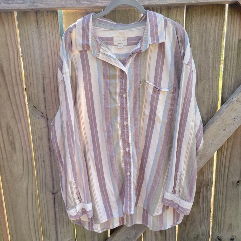 American Eagle Relaxed Fit Super Soft Vertical Striped Casual Button Down Top